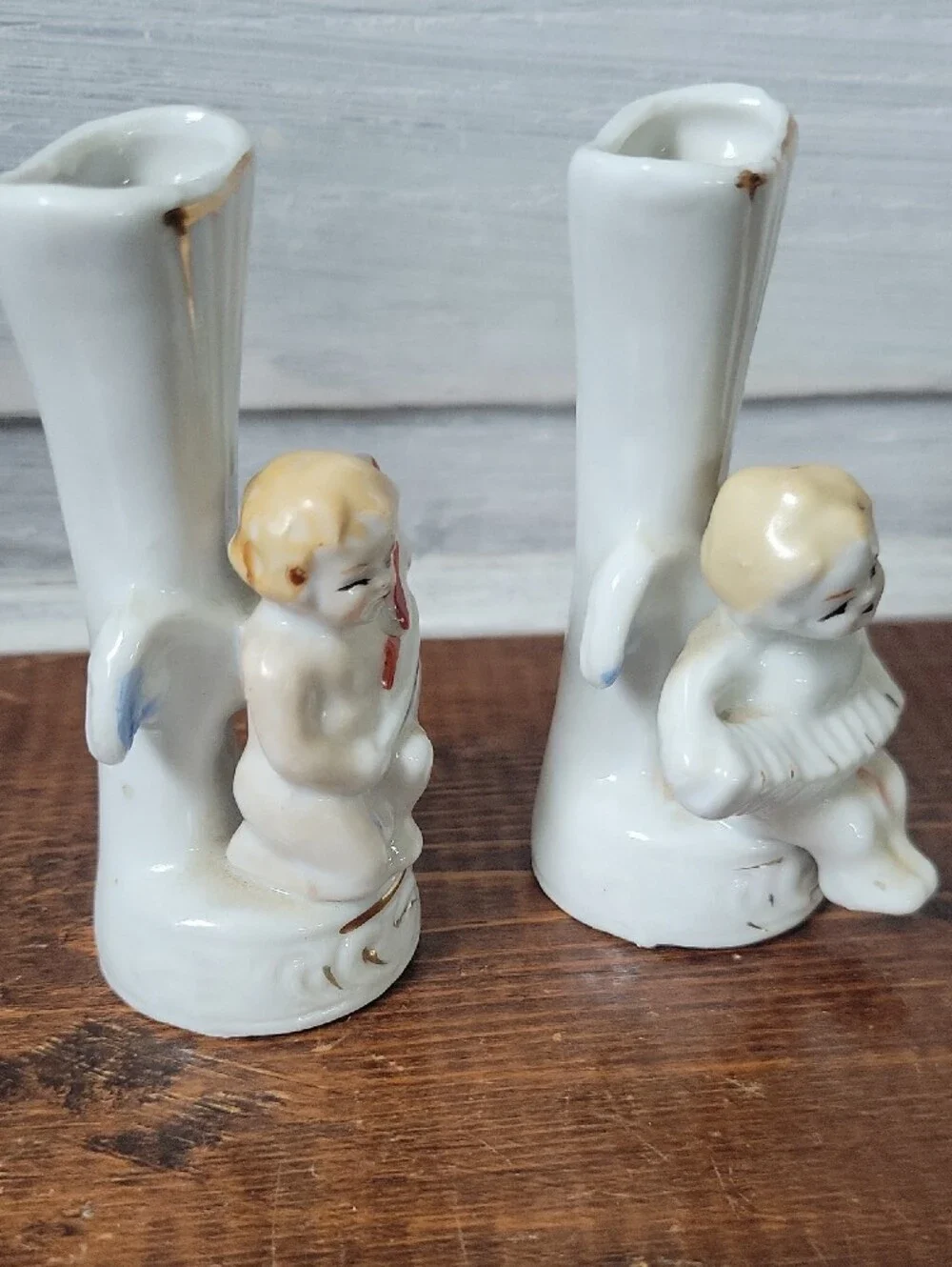 Vintage Mid Century Porcelain Cherub Angel Musician Bud Vases Japan